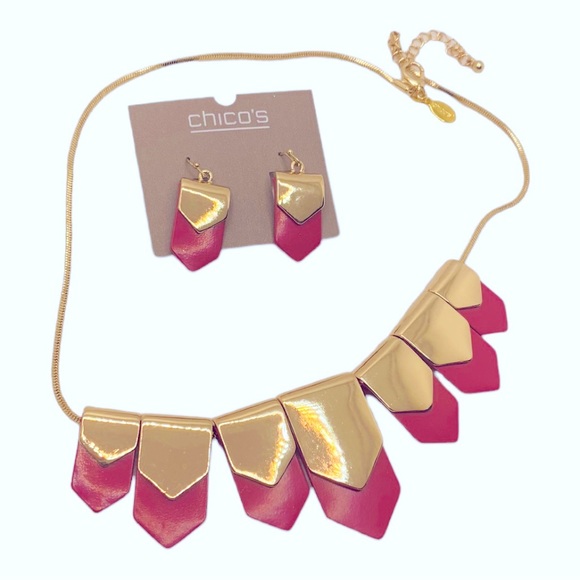 Chico's Jewelry - Chico’s Jewelry Set Matching Earrings and Necklace. Rare Fuschia NWOT Gold Tone